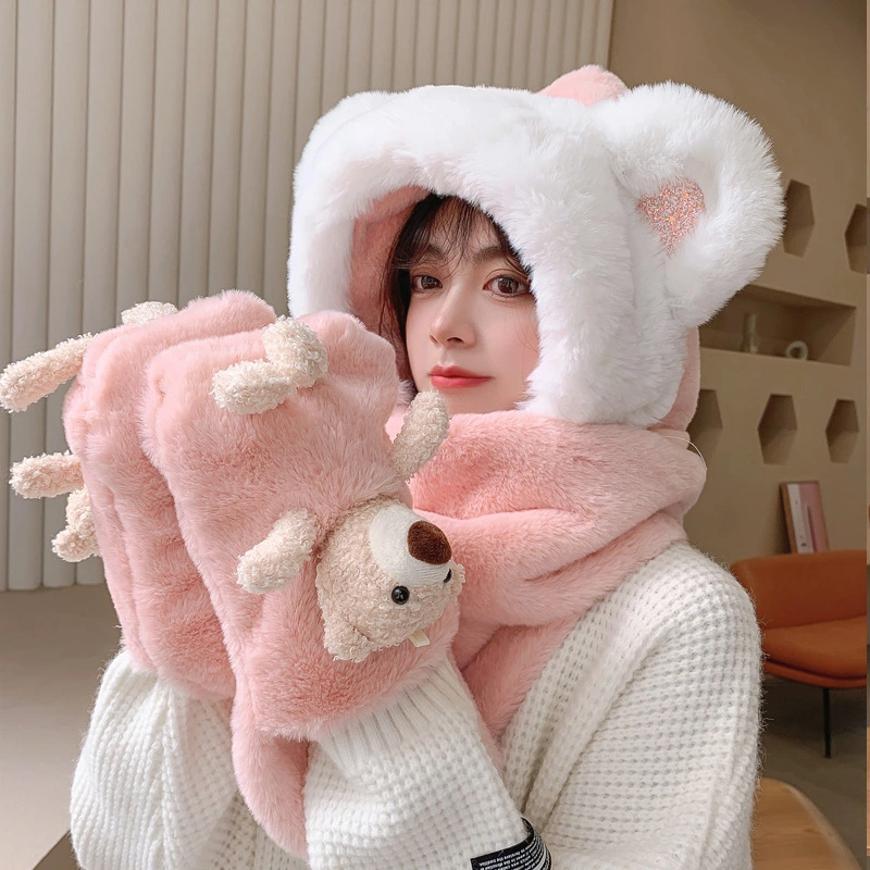 Rabbit Hair Cute Bear Hat Scarf Gloves