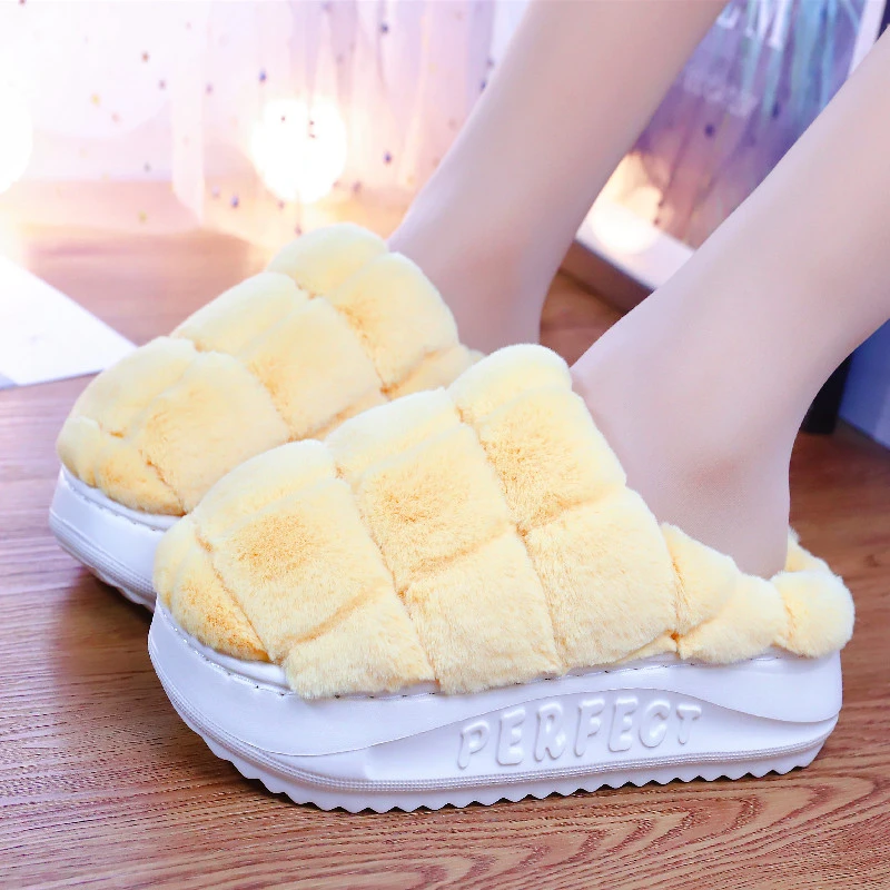Winter High-heeled Cotton Slippers Female Cute Plush