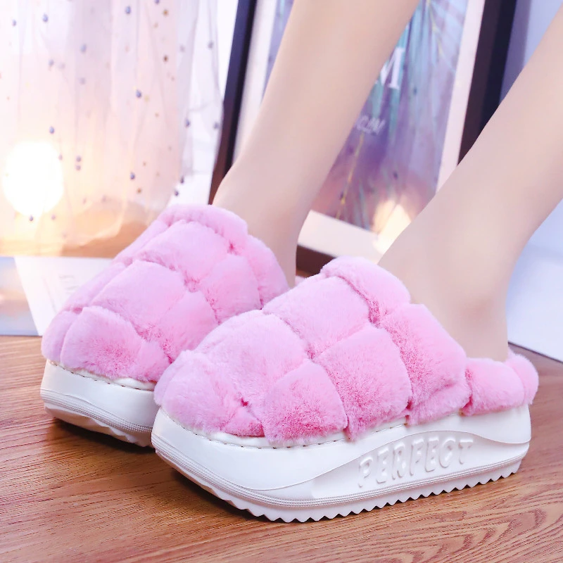 Winter High-heeled Cotton Slippers Female Cute Plush