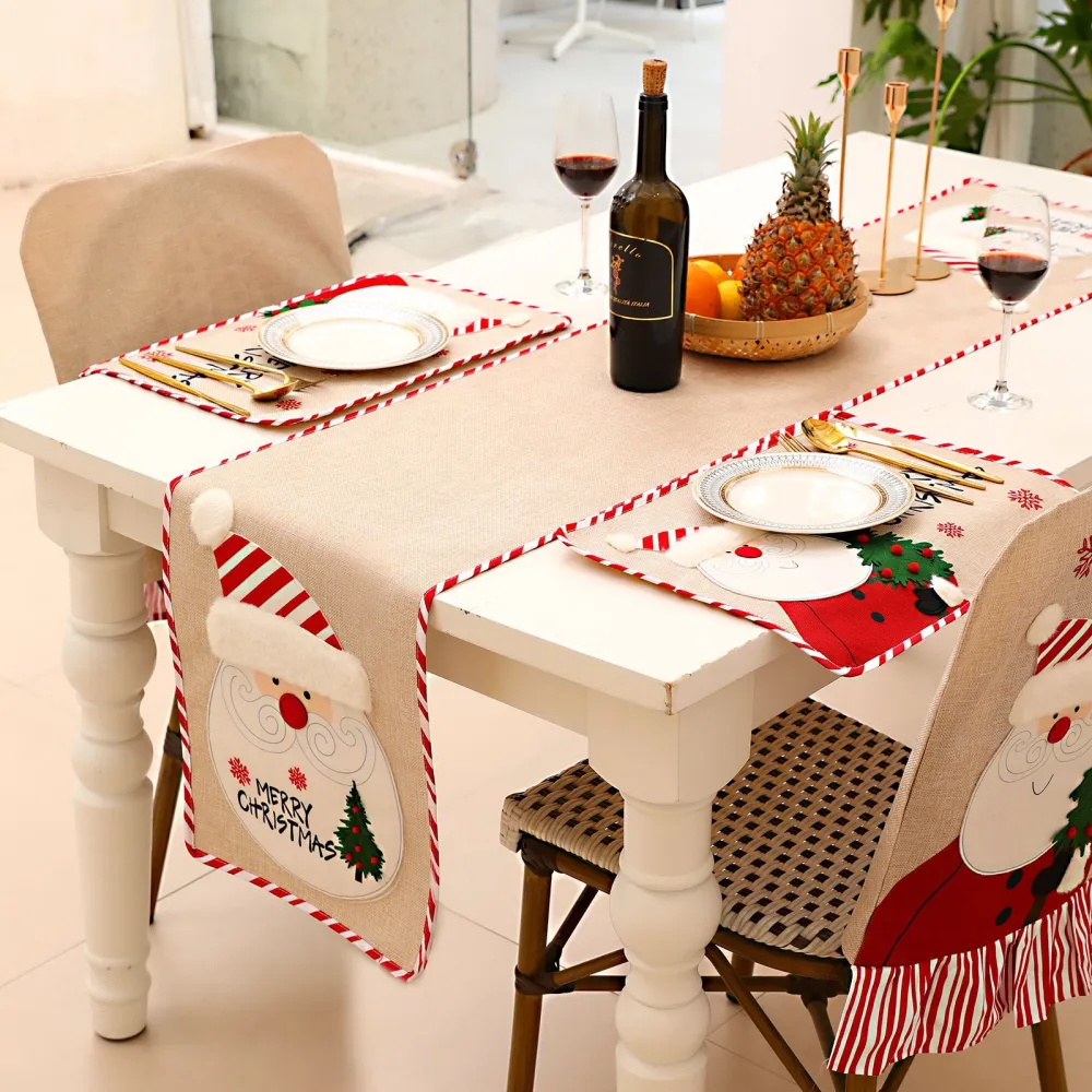 Cross Border New Christmas Linen Embroidery Table Runner For The Elderly