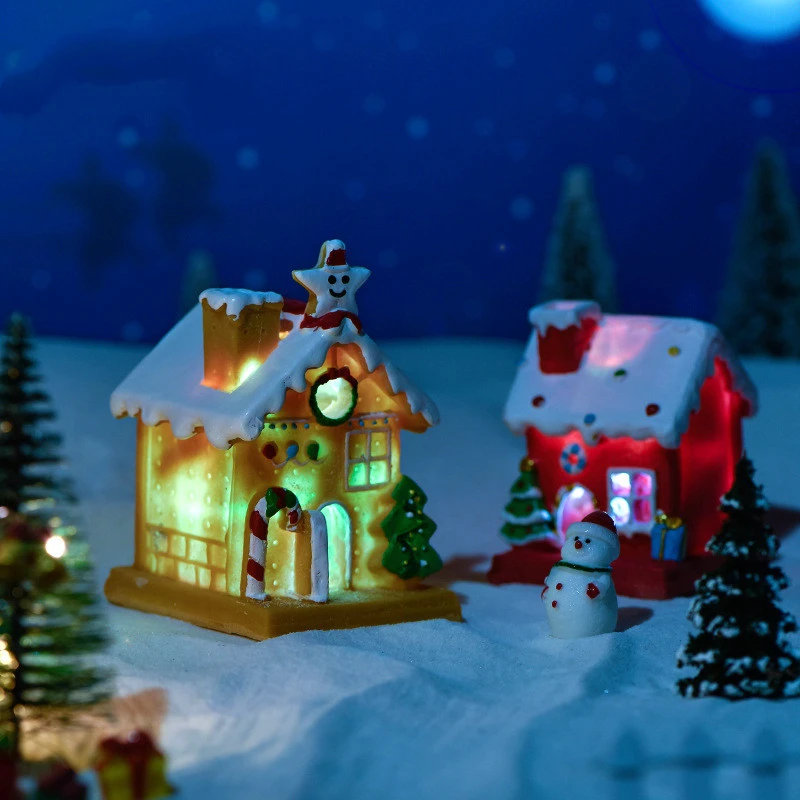 Christmas Simulation Miniature House Resin Handicraft Ornaments With Lights