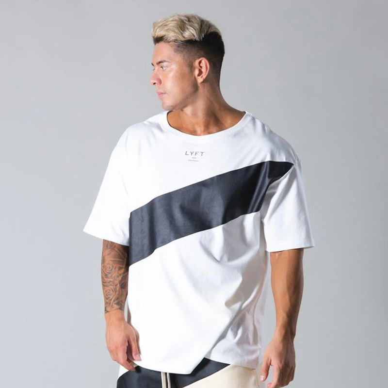 Men's Cotton Loose Round Neck Half Sleeve Color Block Top