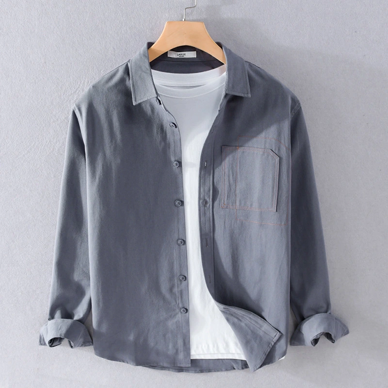 Men Simple Casual Loose Long-Sleeved Lapel Shirt