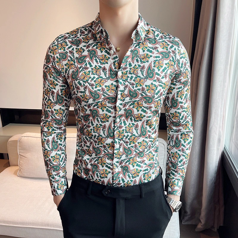 Men European And American Floral Youth Retro Print Long-Sleeved Lapel Shirt