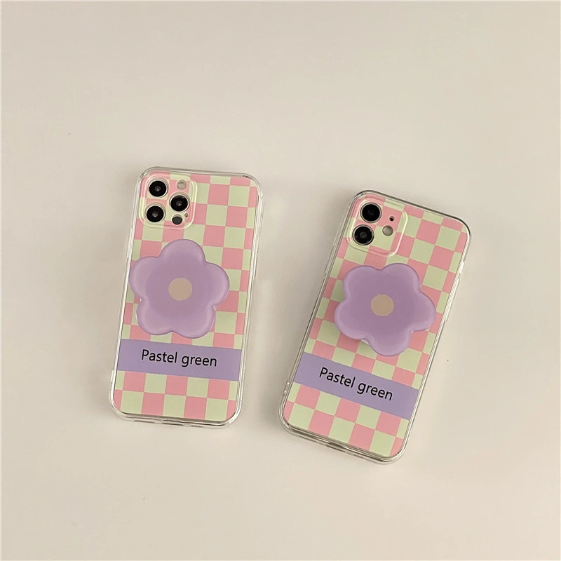 Green Checkerboard Phone Case Purple Flower Stand All Inclusive