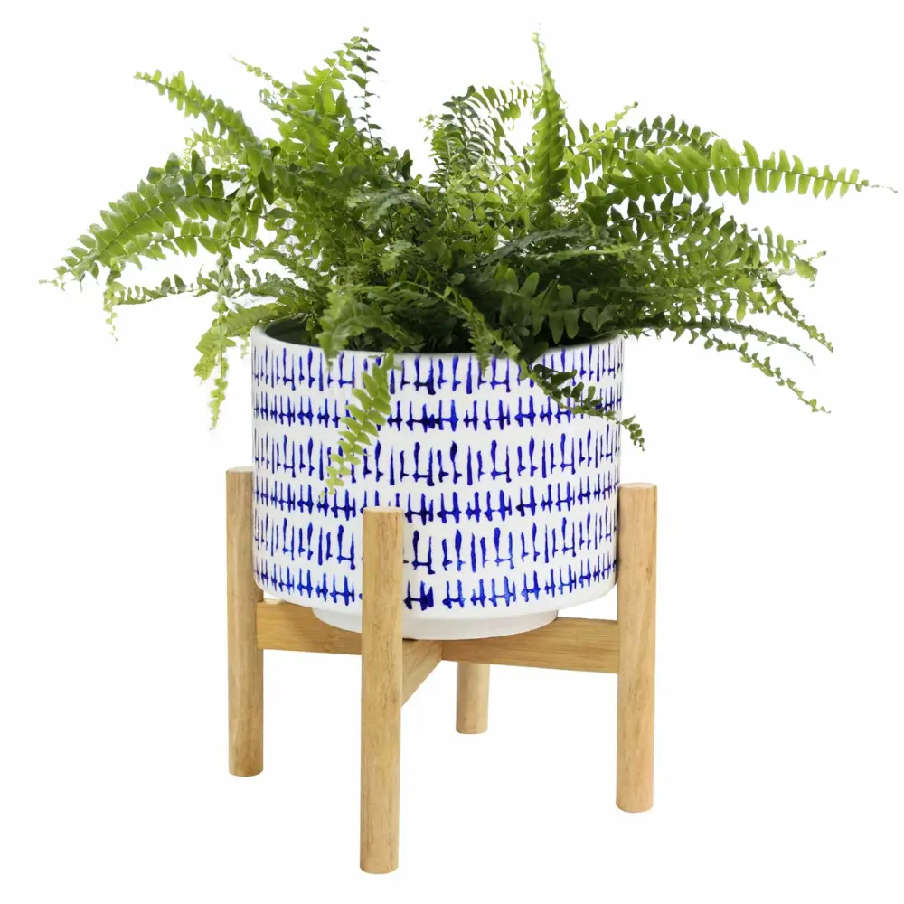 LA JOLIE MUSE Blue Planter with Stand - 7.3 Inch Retro Round Decorative Flower Pot Indoor with Wood Planter Holder, Blue and White, Home Decor Gift