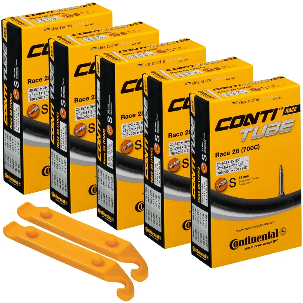 Continental Bicycle Tubes Race 28 700x20-25 S42 Presta Valve 42mm Bike Tube Super Value Bundle (Pack of 5 Conti Tubes & 2 Conti tire Lever)