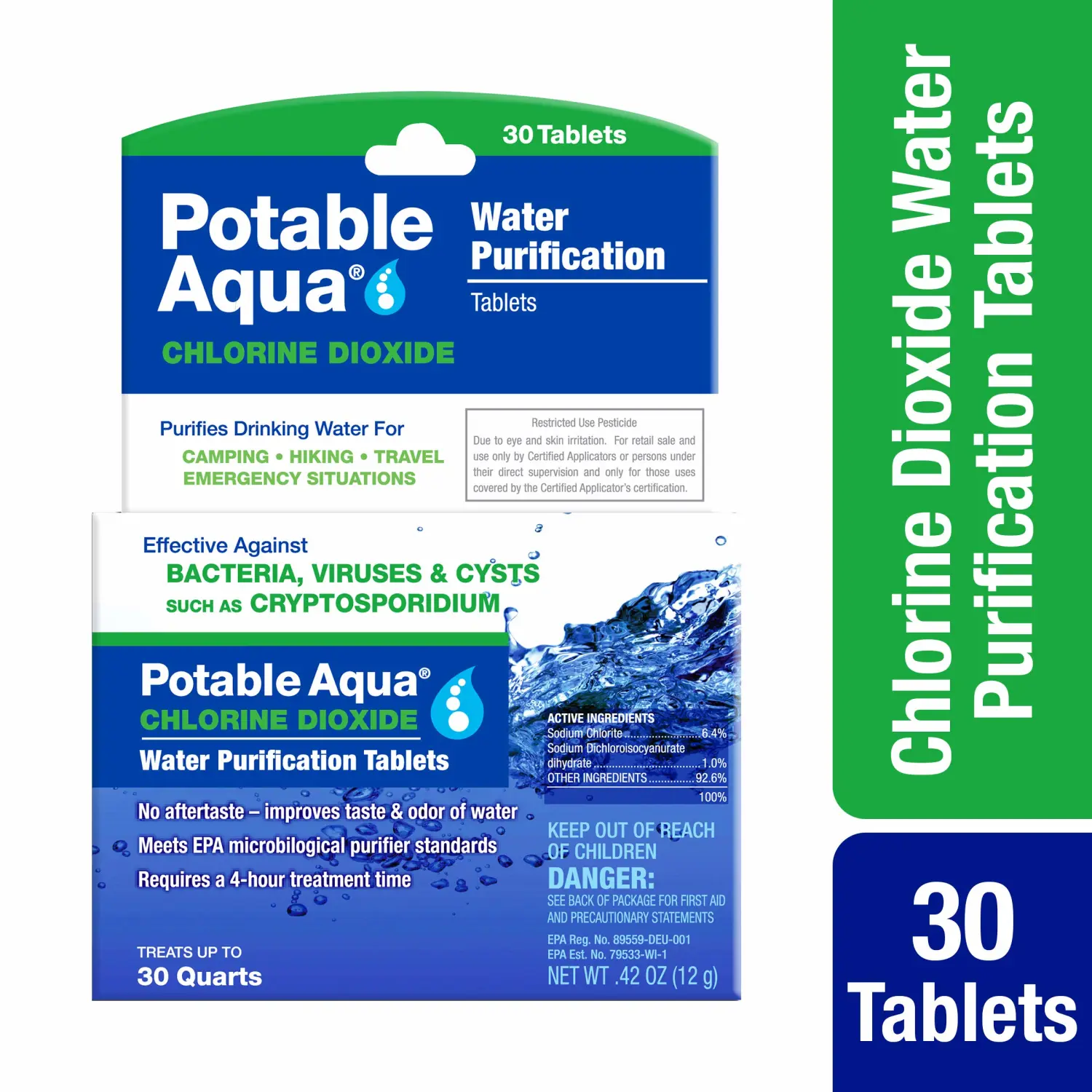 Potable Aqua Chlorine Dioxide Water Purification Tablets - 30 Count