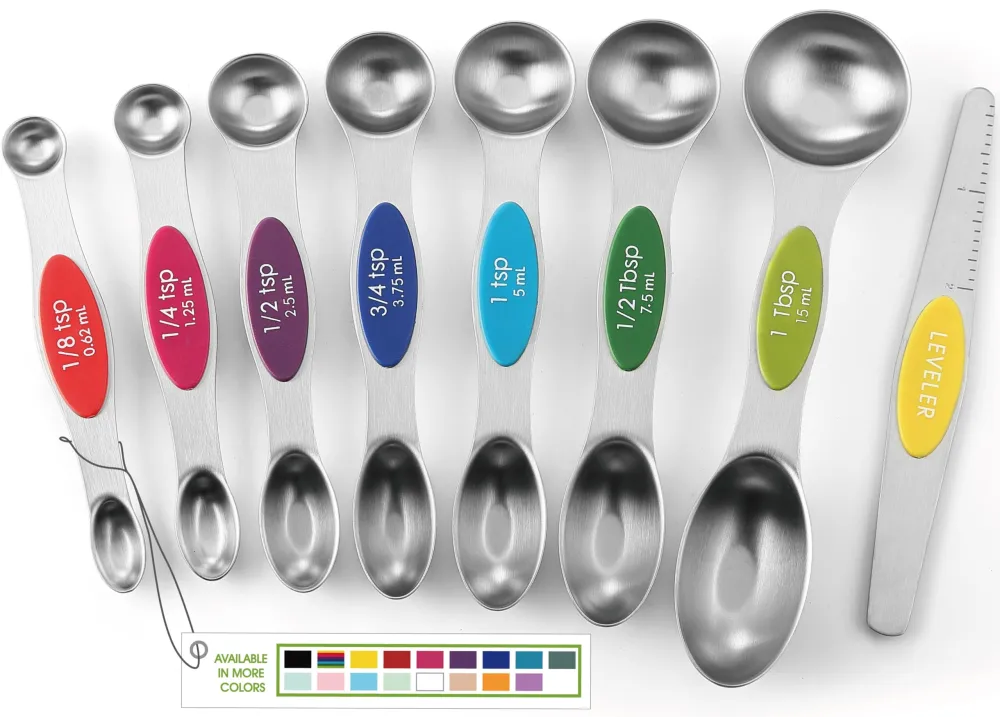 Spring Chef Magnetic Measuring Spoons Set with Strong N45 Magnets, Heavy Duty Stainless Steel Metal, Fits in Most Kitchen Spice Jars for Baking & Cooking, BPA Free, Multicolor, Set of 8 with Leveler