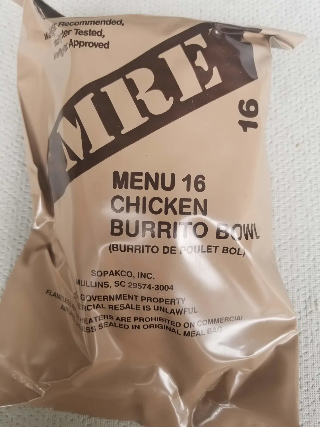 LoJo Surplus 2022 Genuine Military MRE Meals Ready to Eat with Inspection Date 2022 or Newer (Chicken Burrito Bowl)