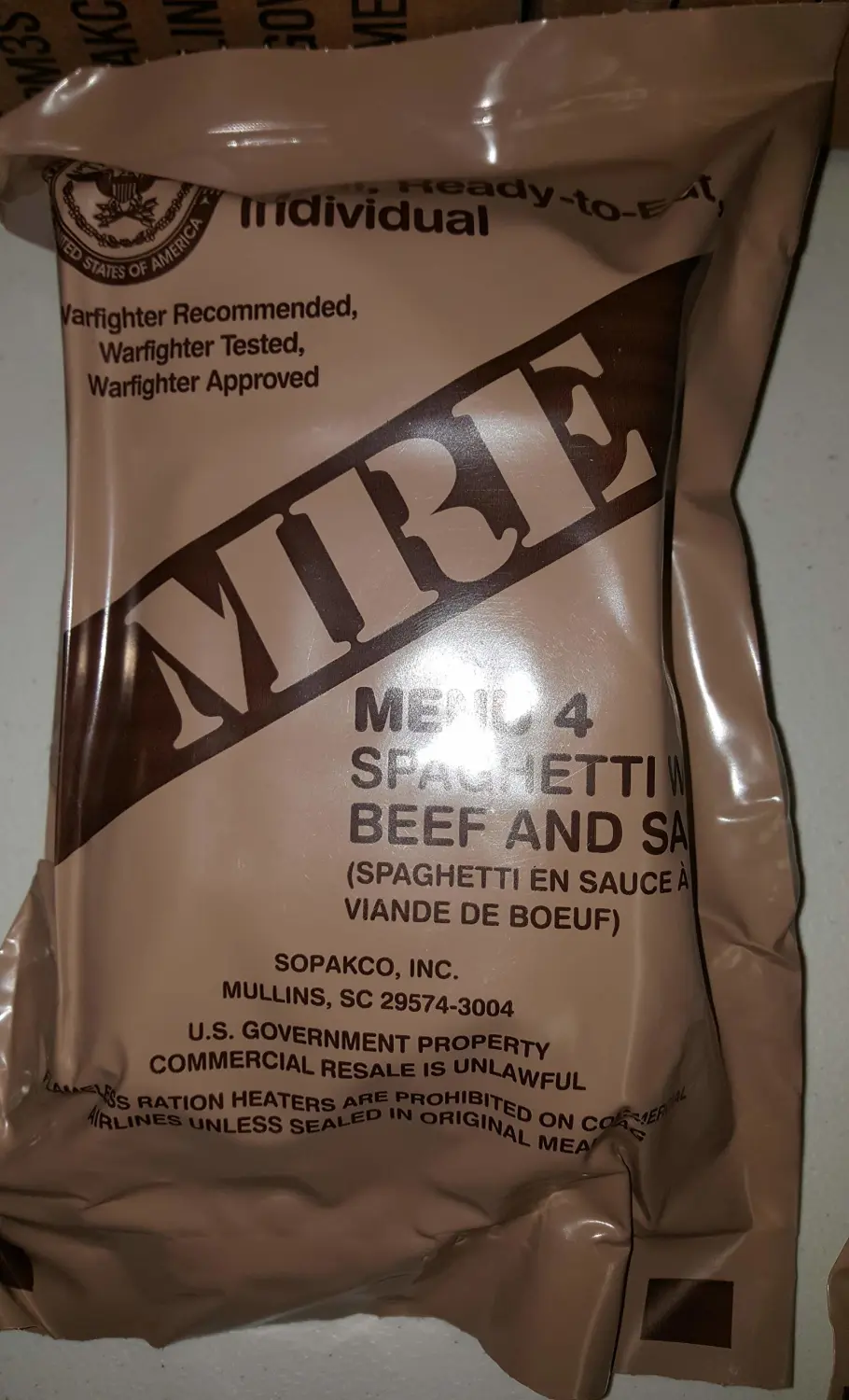 2021 Genuine Military MRE Meals Ready to Eat with Inspection Date 2021 or Newer (Spaghetti In Beef Sauce)