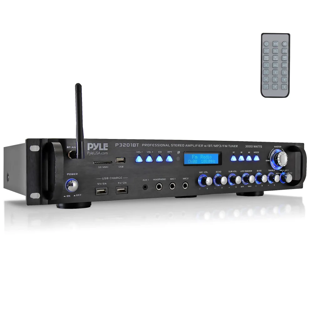 Pyle Multi Channel Bluetooth Preamplifier Receiver - 3000 Watt Audio Home Speaker Sound Stereo w/Radio, USB, Headphone, AUX, RCA, Dual Microphone w/Echo, LED, Wireless Streaming P3201BT