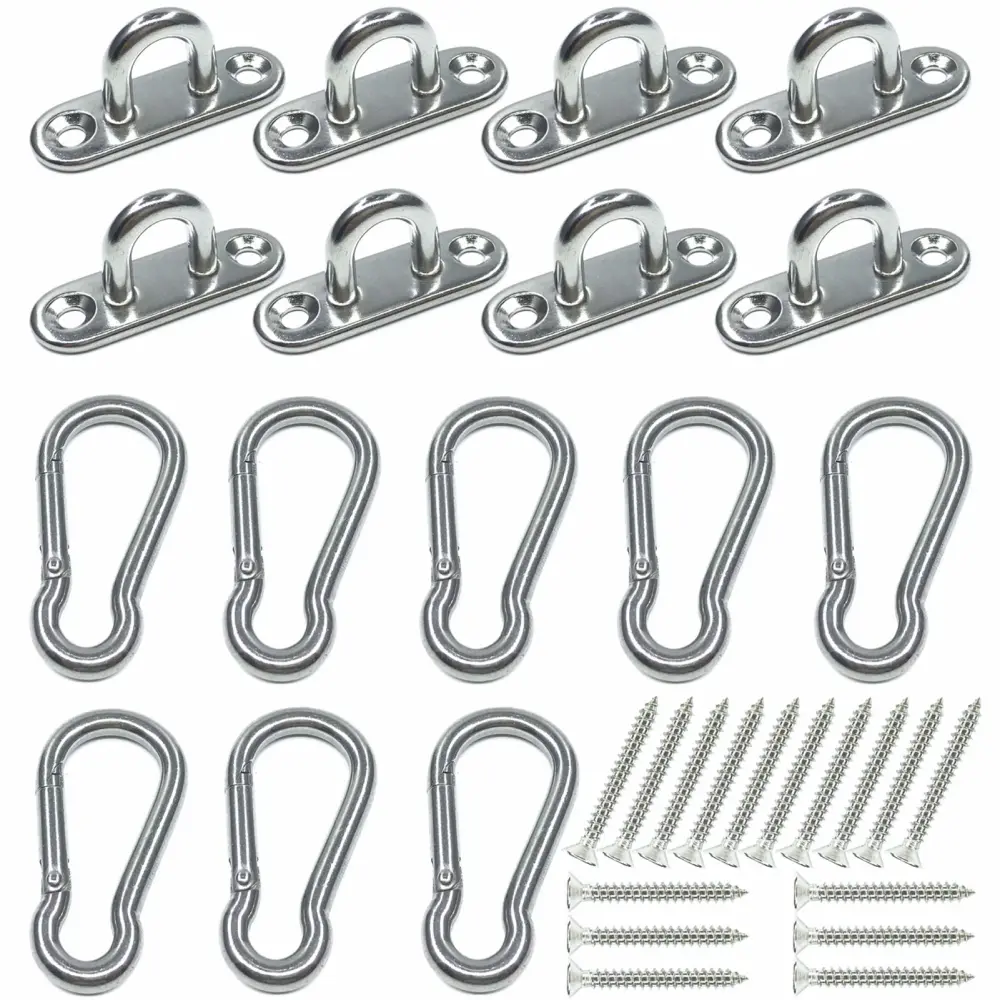 8Pcs 304 Stainless Steel 1.8 inch Pad Eye Hooks and 8Pcs 304 Stainless Steel Snap Hooks,Screw Ceiling Hooks,Shade Sail Hardware,Outdoors String Lights Hangers with Screws Anchors