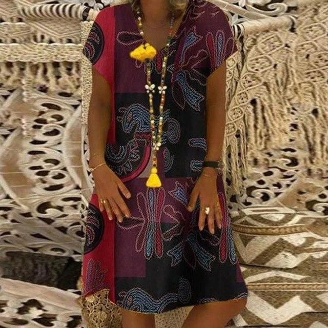 Printed V-neck short sleeve dress