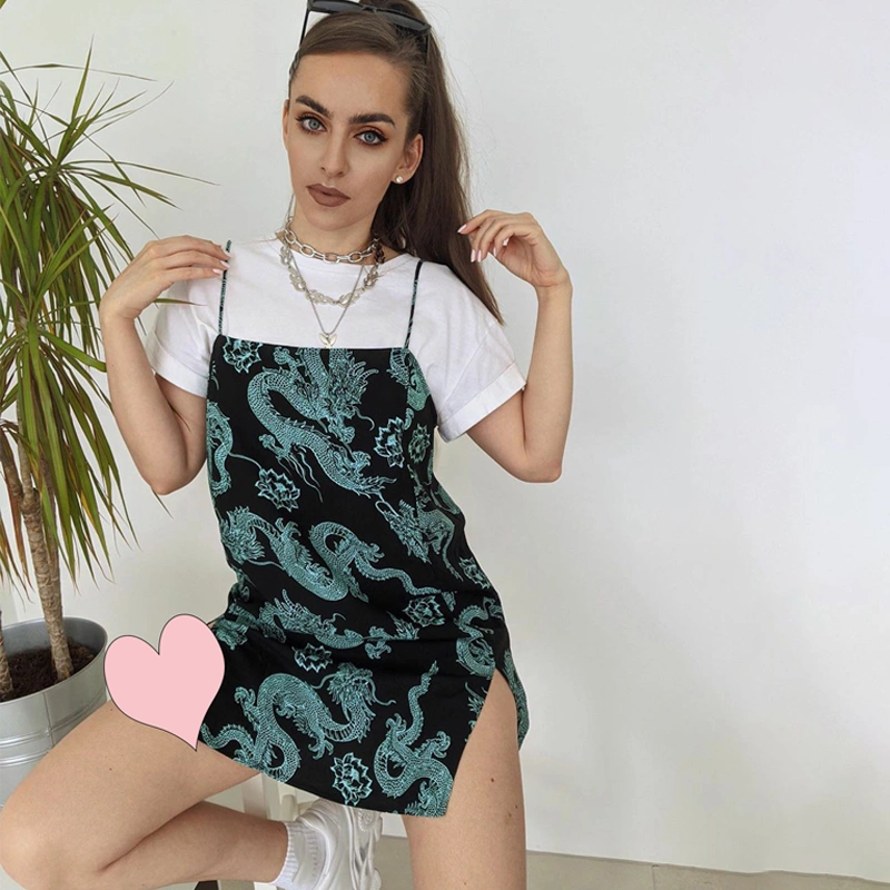 European and American floral dragon print halter strap dress