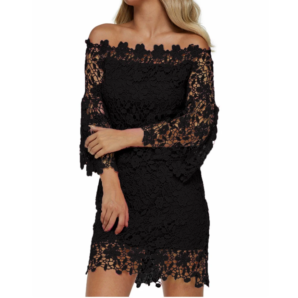 Lace boat neck flare sleeve dress