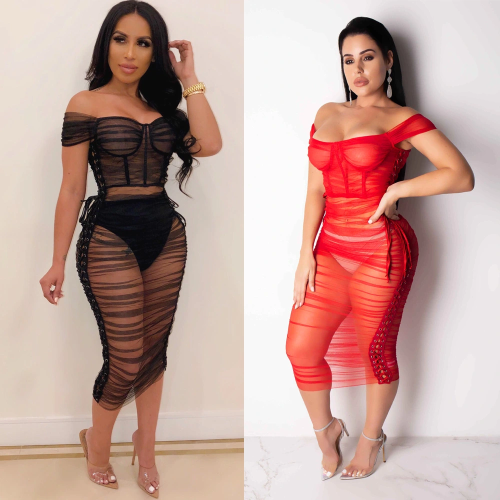 Strap shoulder strap perspective mesh dress