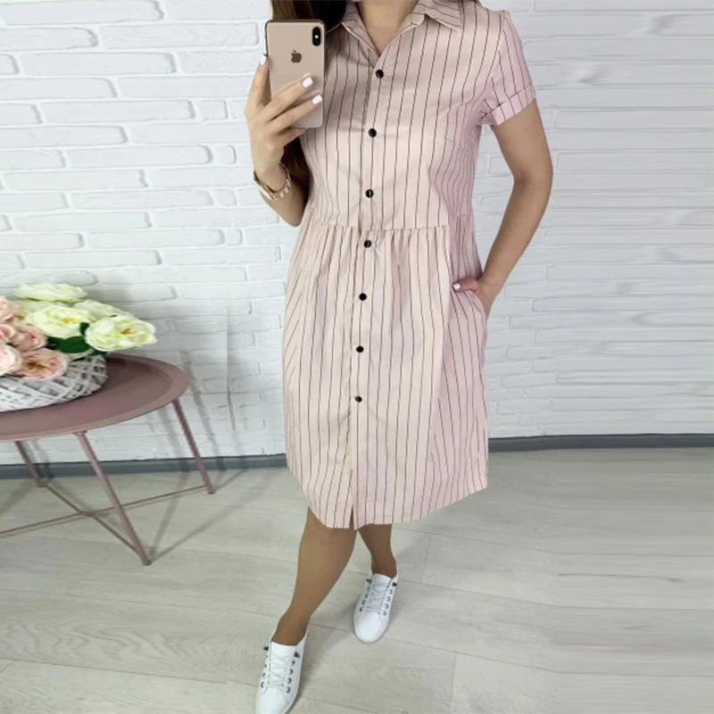 Short sleeve lapel pocket striped dress