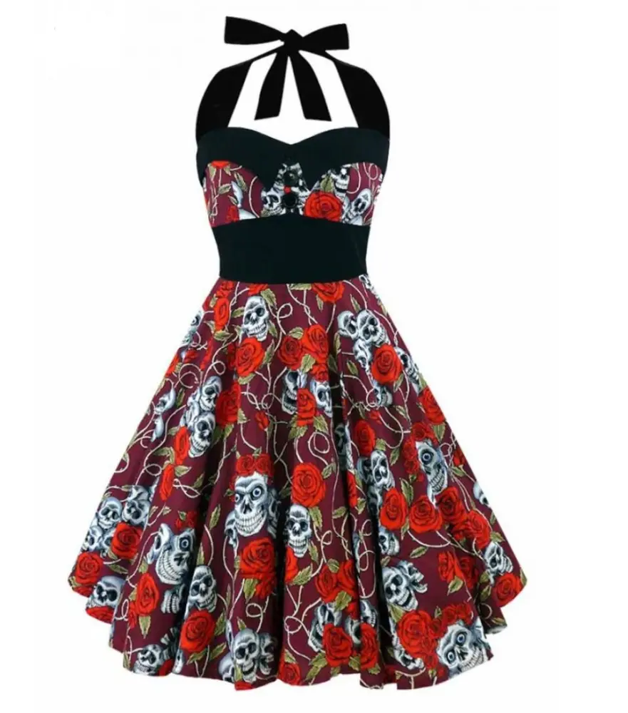 European And American  Party Pleated Big Swing Skull Dress