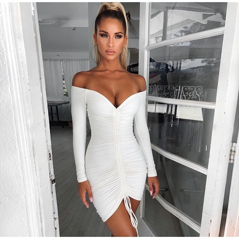 The Shoulder Sexy Ruched Mini Dress 2021 Long Sleeve V Neck Lace-Up Black White Tight Dresses Woman Party Night Club