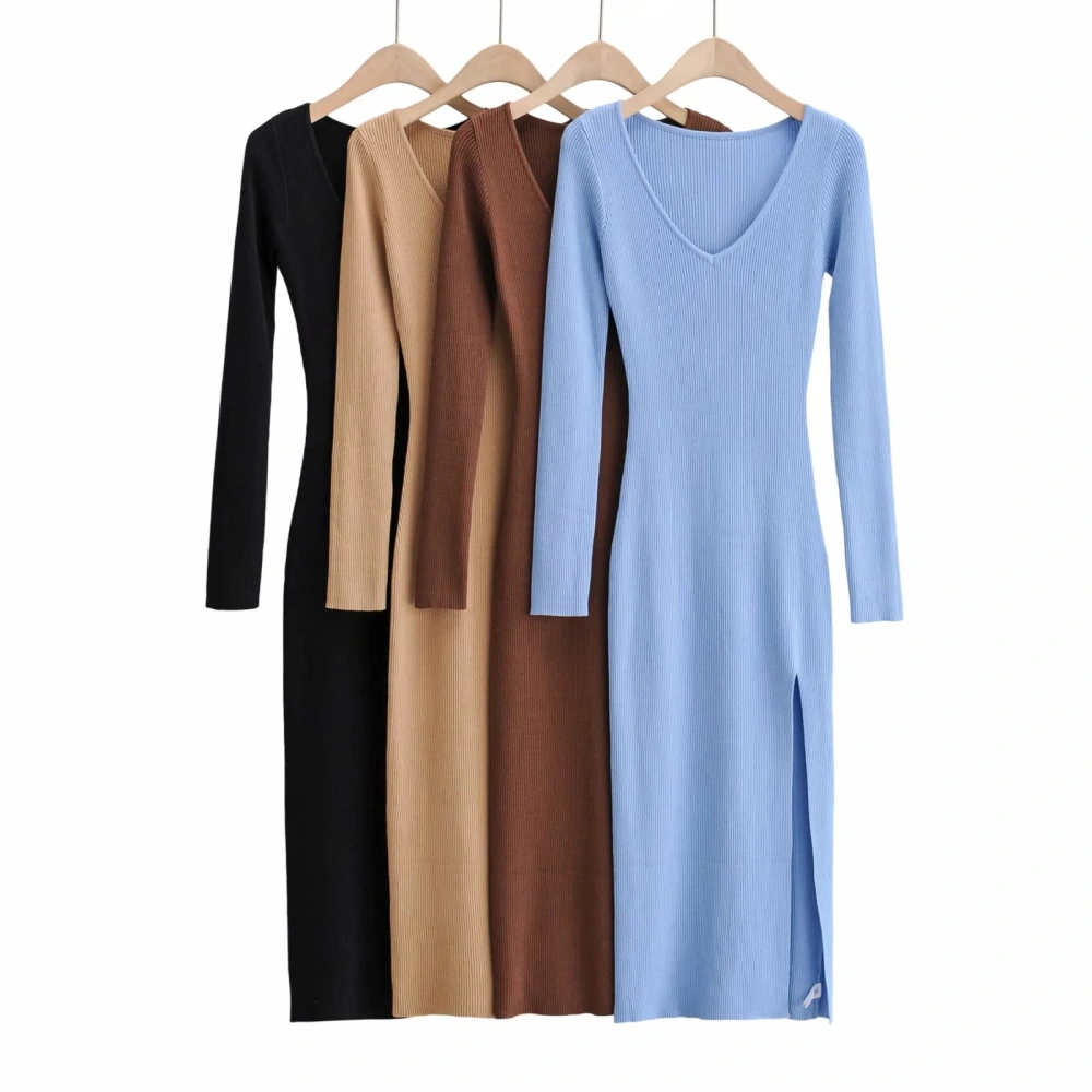 Temperament Slim Slim V-neck Over-the-knee Long Skirt Sexy Side Slit Long-sleeved Knitted Dress