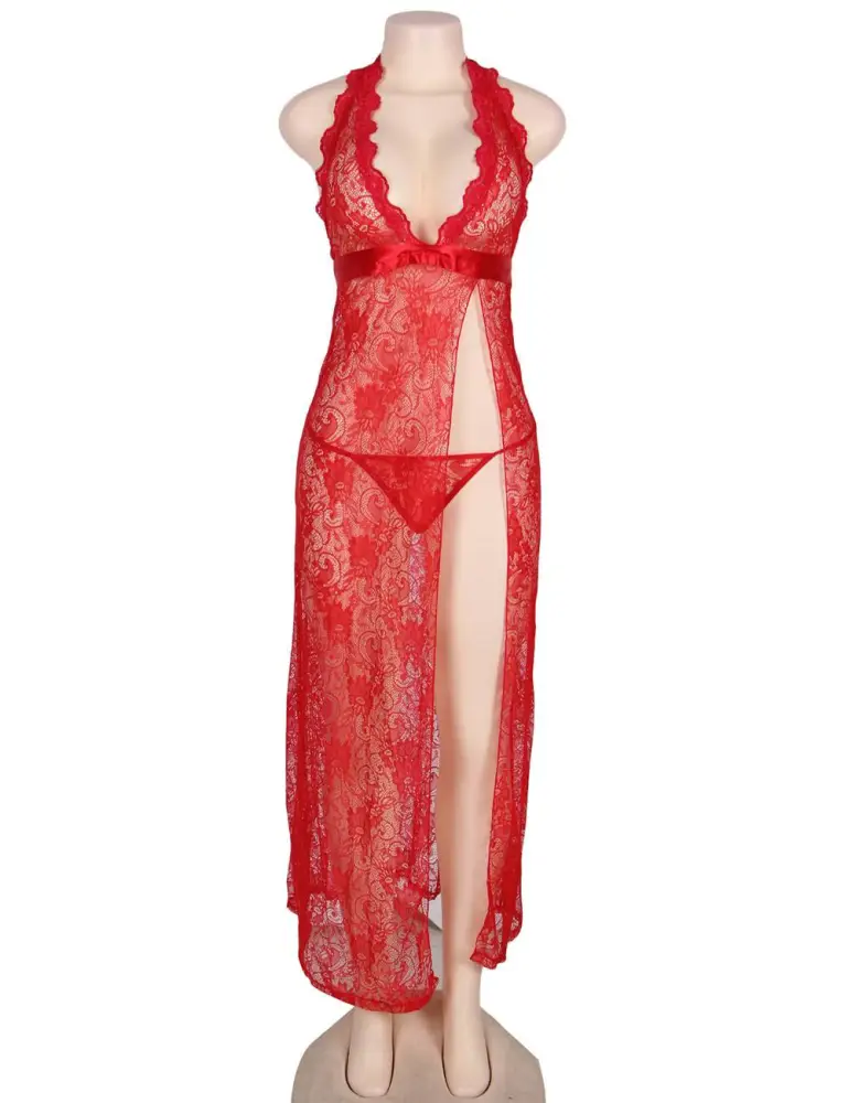 Long Nightdress With Lace Halter Neck Strap and Diagonal Slit