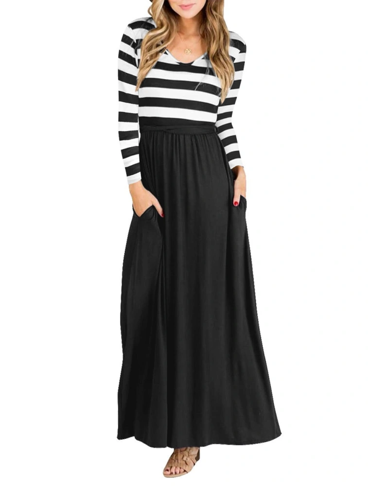 Round Neck Striped Stitching Long Skirt