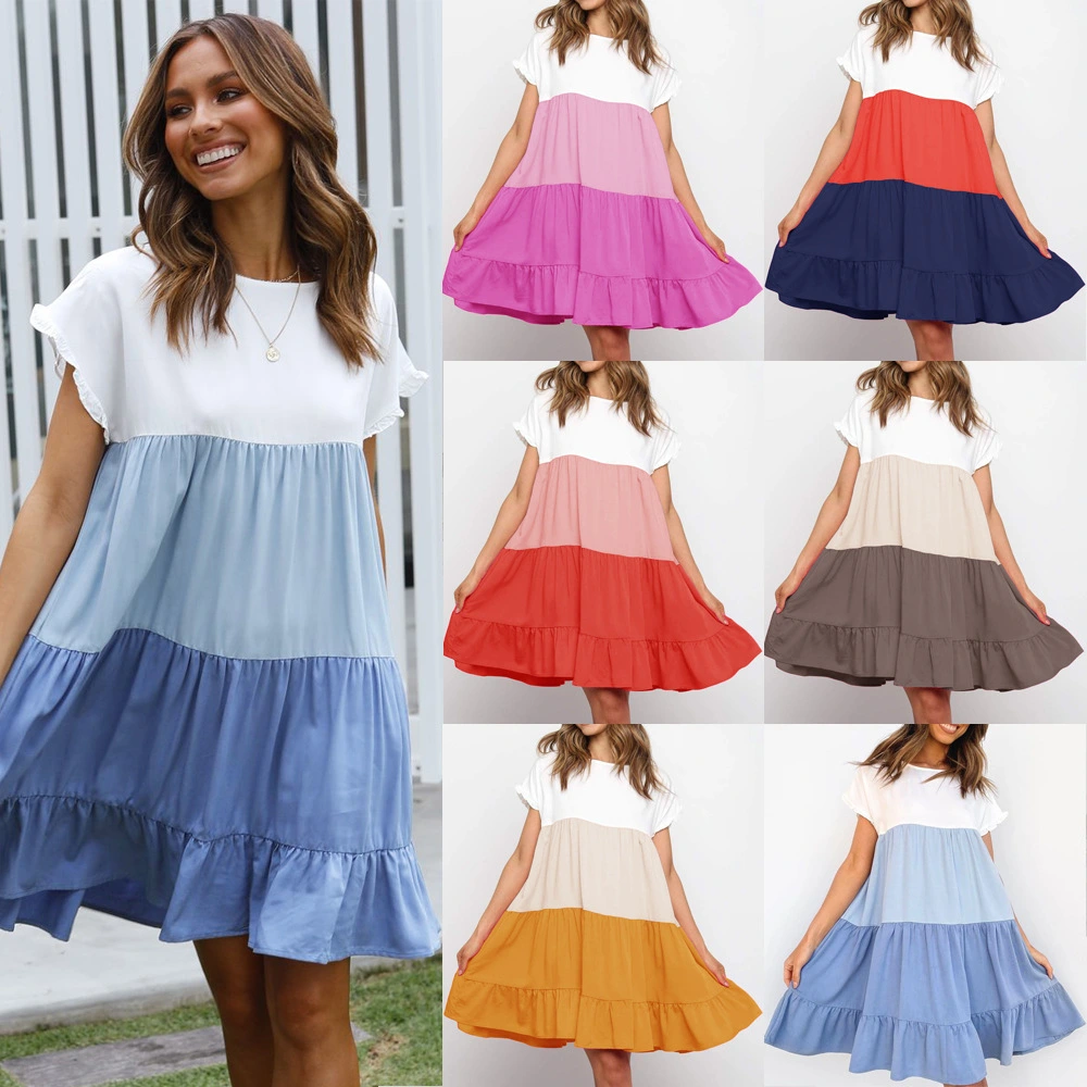 Short-Sleeved Stitching Contrast Color Loose Big Swing Dress