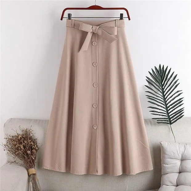 Lace-Up Bow Single-Breasted Midi Skirt