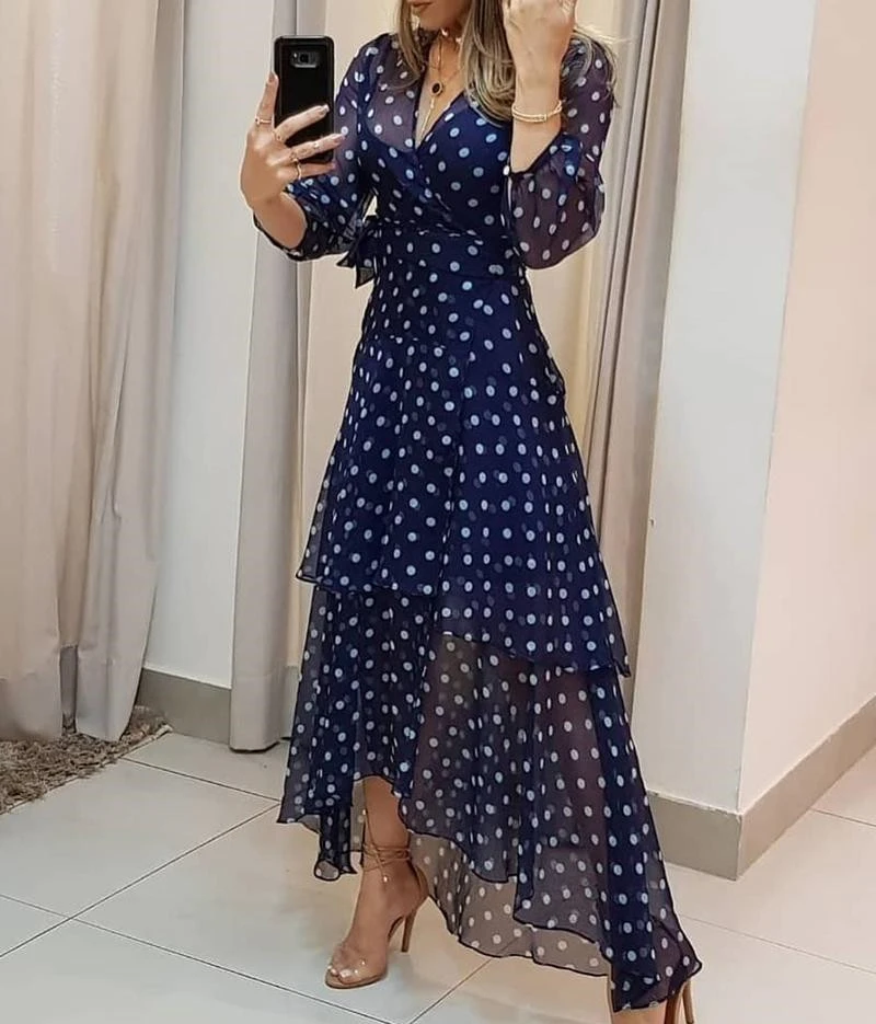 European And American Blue Polka Dot Print Dress