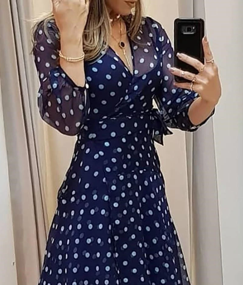 European And American Blue Polka Dot Print Dress