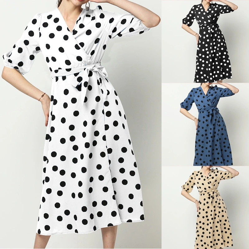 Casual Polka Dot Printed Chiffon V-neck Long Sleeve Dress