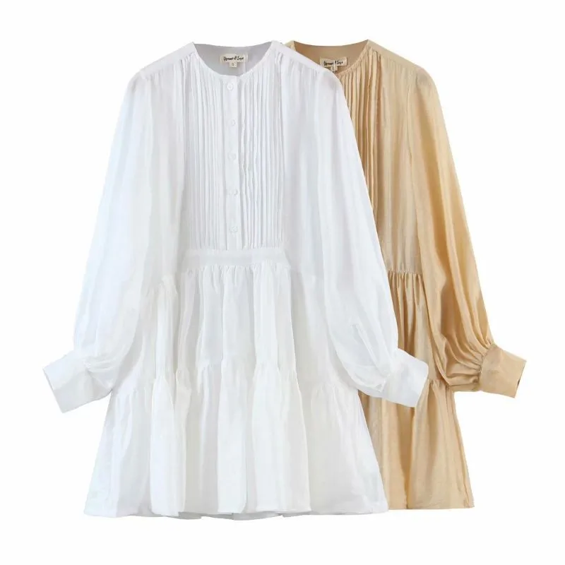 Round Neck Long Sleeve Single-Breasted Blogger Pleated Dress