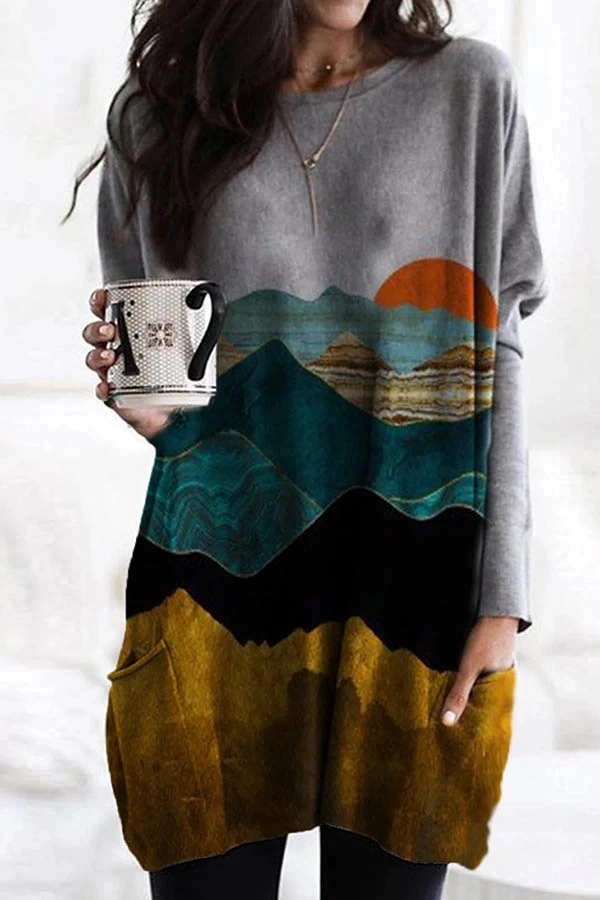Landscape Sunrise Print Loose Casual T-Shirt