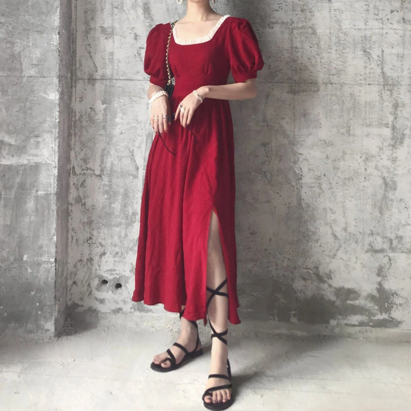Retro Palace Style Square Neck High Waist Split Dress