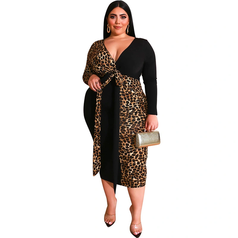 Leopard Print Color Matching, Deep V Bag Hip Tight-Fitting Long With Belt