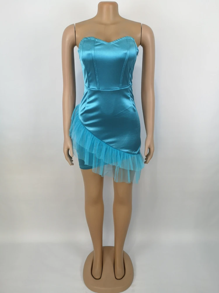Mini Satin Irregular Net Gauze Wrap Hip Dress