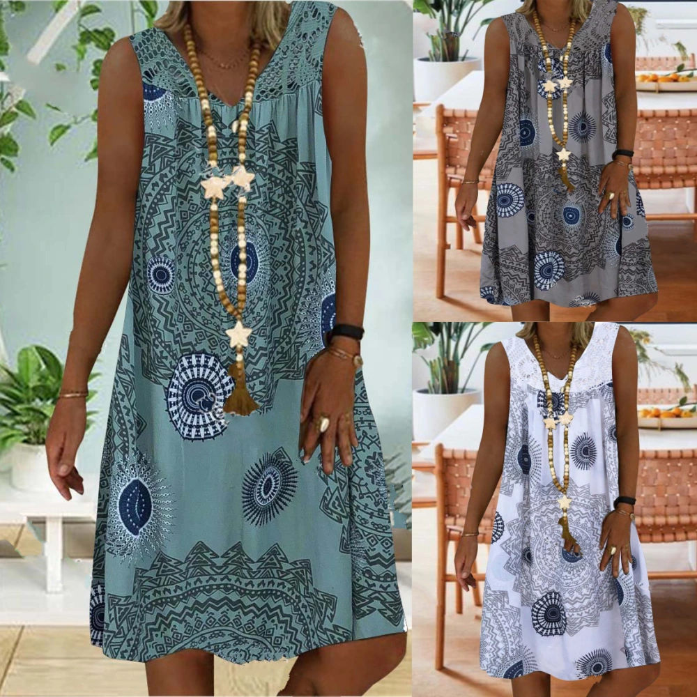 New Lace Stitching Printed Deep V Neck Sleeveless Dress