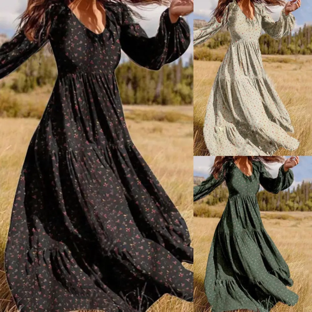 Long Sleeved Printed Dress Female V Neck Lantern Sleeve Stitching Large Swing Dress