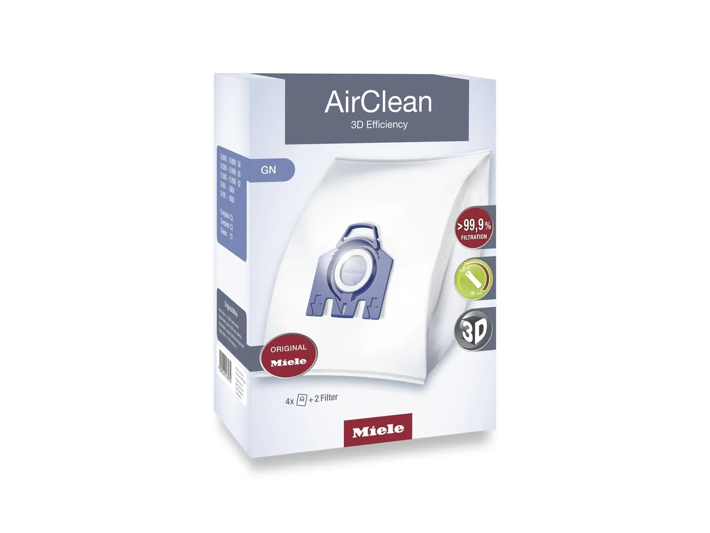 Miele 10123210 AirClean 3D Efficiency Dust Bag, Type GN, 4 Bags & 2 Filters, White