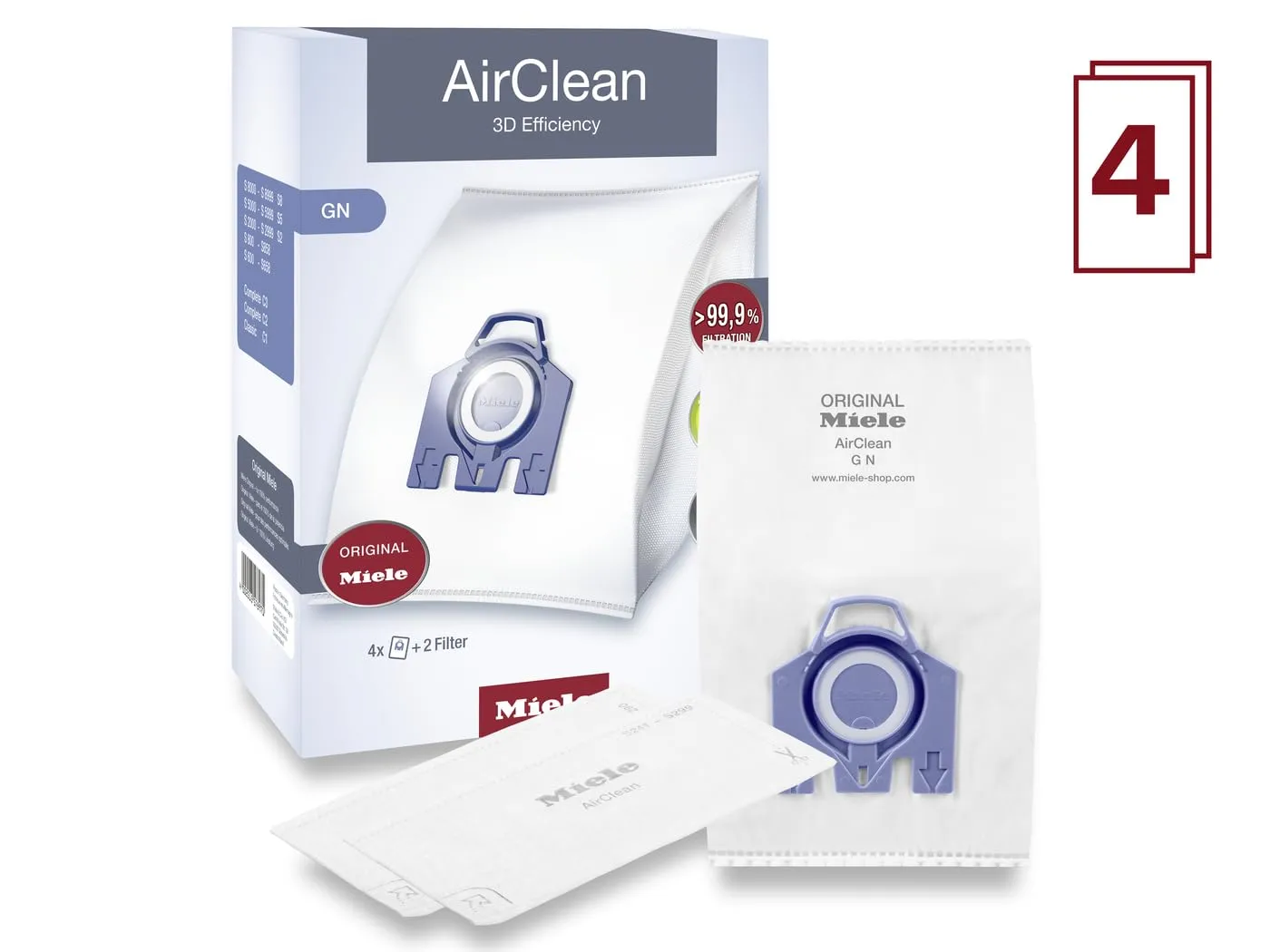 Miele 10123210 AirClean 3D Efficiency Dust Bag, Type GN, 4 Bags & 2 Filters, White