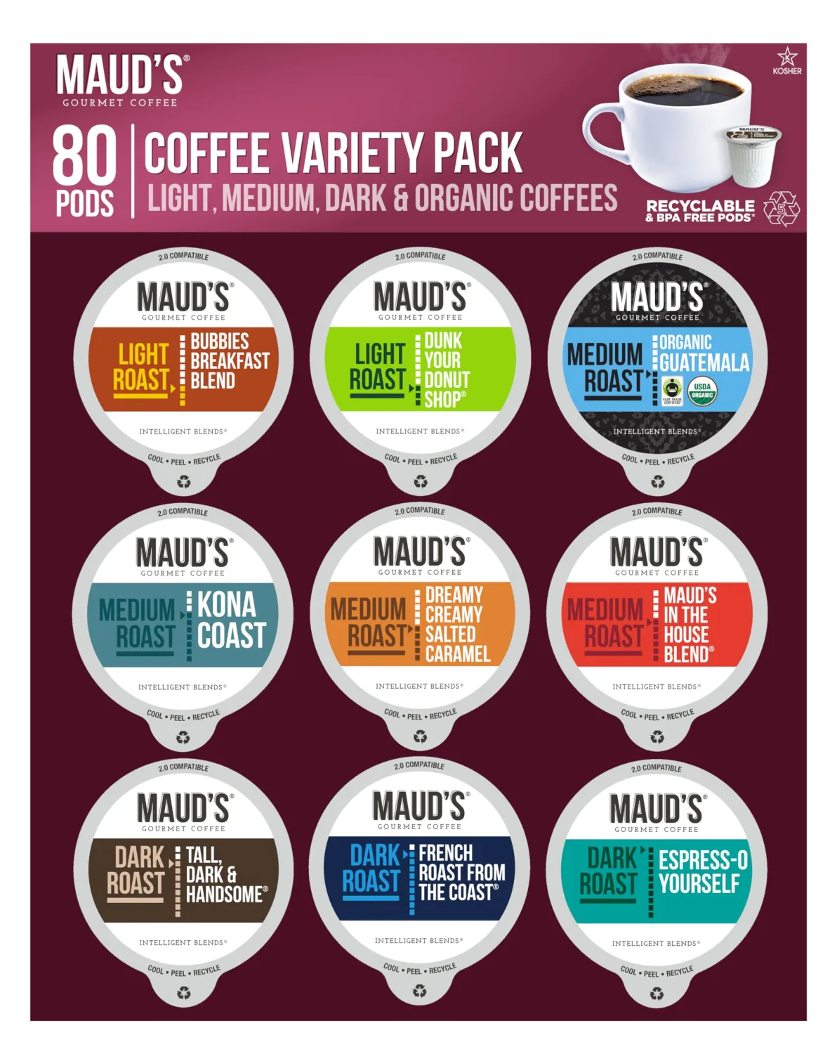 Maud's Original Coffee Pods Variety Pack, 80 ct, 9 Assorted Roasts, Dark & Medium Roast Coffee in Recyclable Single Serve Pods – 100% Arabica Coffee, Compatible with Keurig K Cups Maker