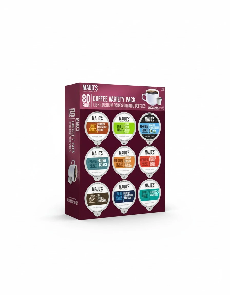 Maud's Original Coffee Pods Variety Pack, 80 ct, 9 Assorted Roasts, Dark & Medium Roast Coffee in Recyclable Single Serve Pods – 100% Arabica Coffee, Compatible with Keurig K Cups Maker