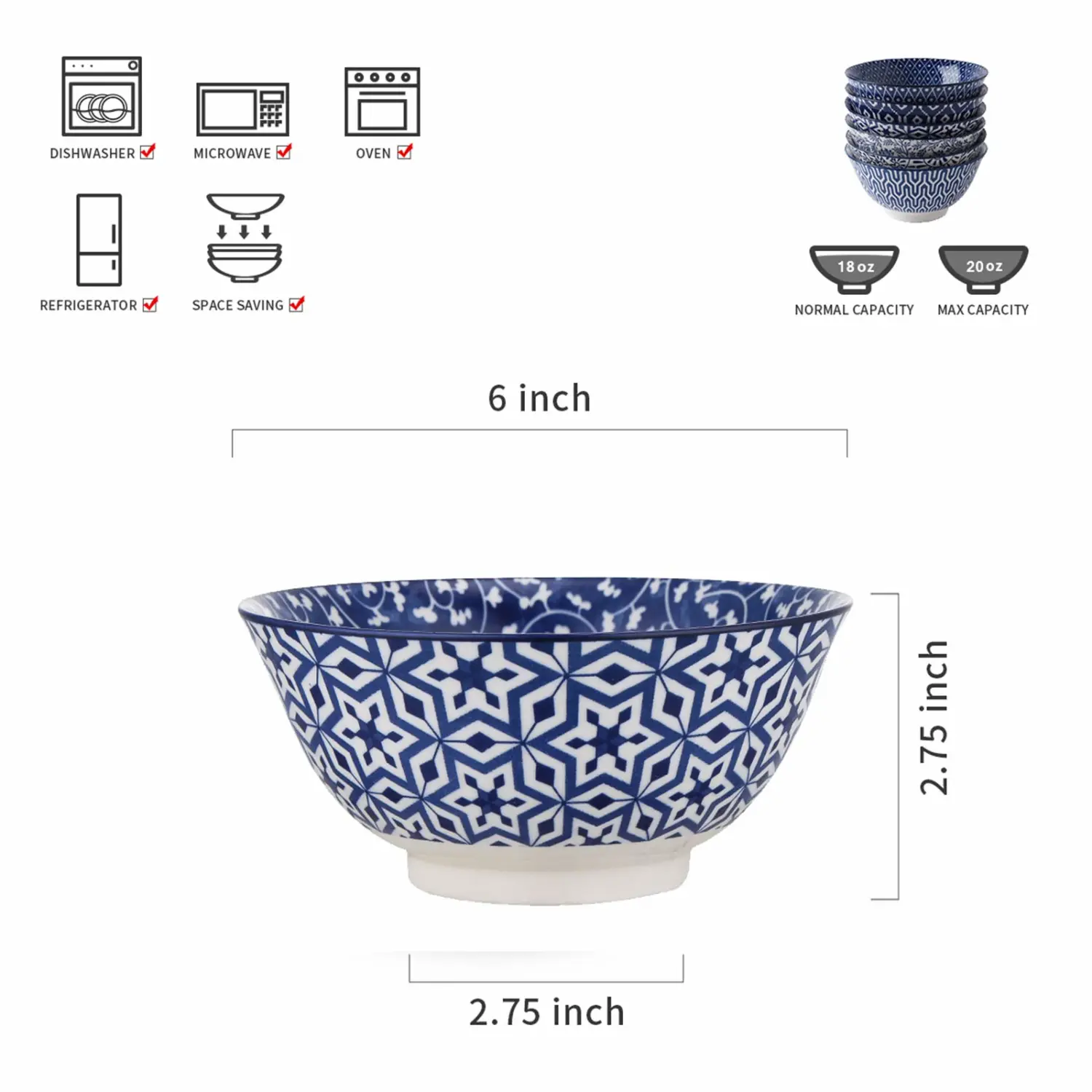 Selamica Blue and White Porcelain 20oz Cereal Bowl Set - Set of 6, 6 inch Soup Bowls, Ceramic bowls for Cereal, Soup, Salad and Pasta, Vintage Blue