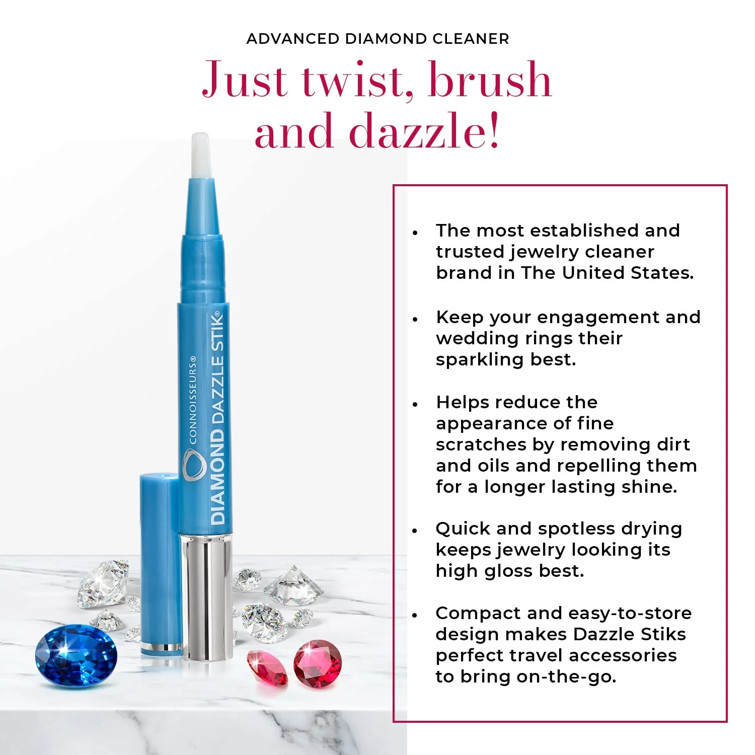 CONNOISSEURS Diamond Dazzle Stik - Portable Diamond Cleaner for Rings and Other Jewelry - Bring Out The Sparkle in Your Diamonds and Precious Stones