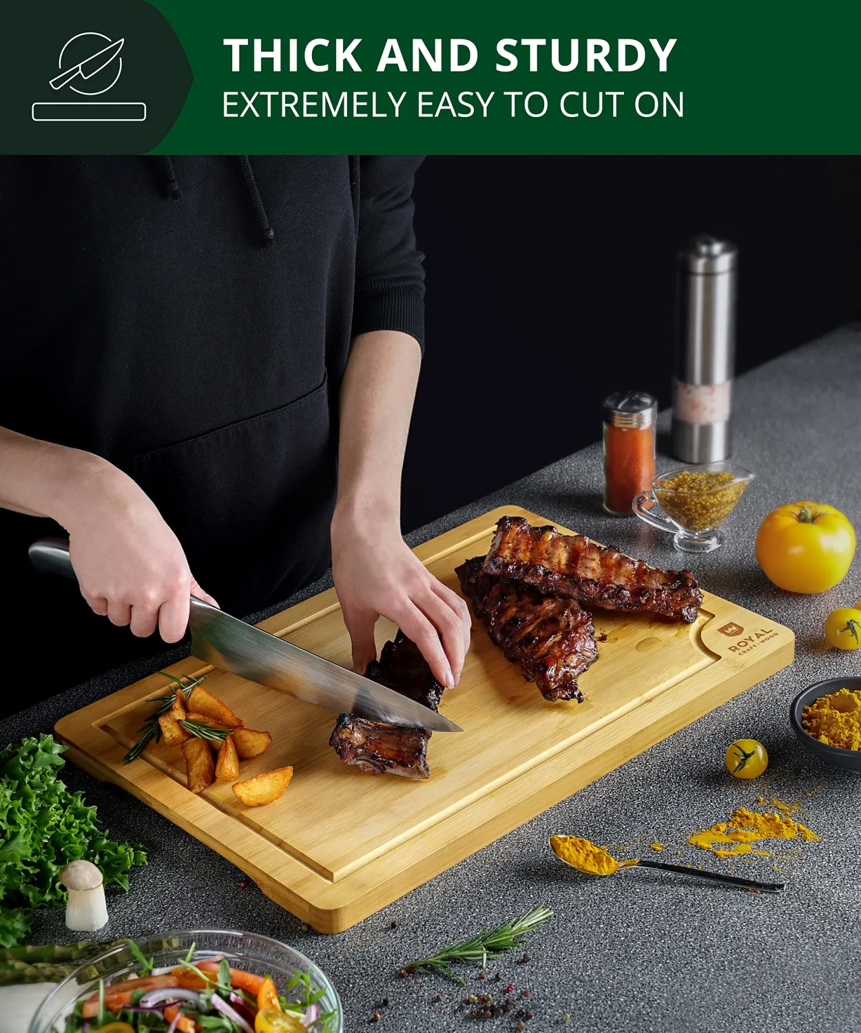 Extra Large Wooden Cutting Boards for Kitchen Meal Prep & Serving - Bamboo Wood Cutting Board with Deep Juice Groove - Charcuterie & Chopping Butcher Block for Meat - Gadgets Gift (XL 18x12")