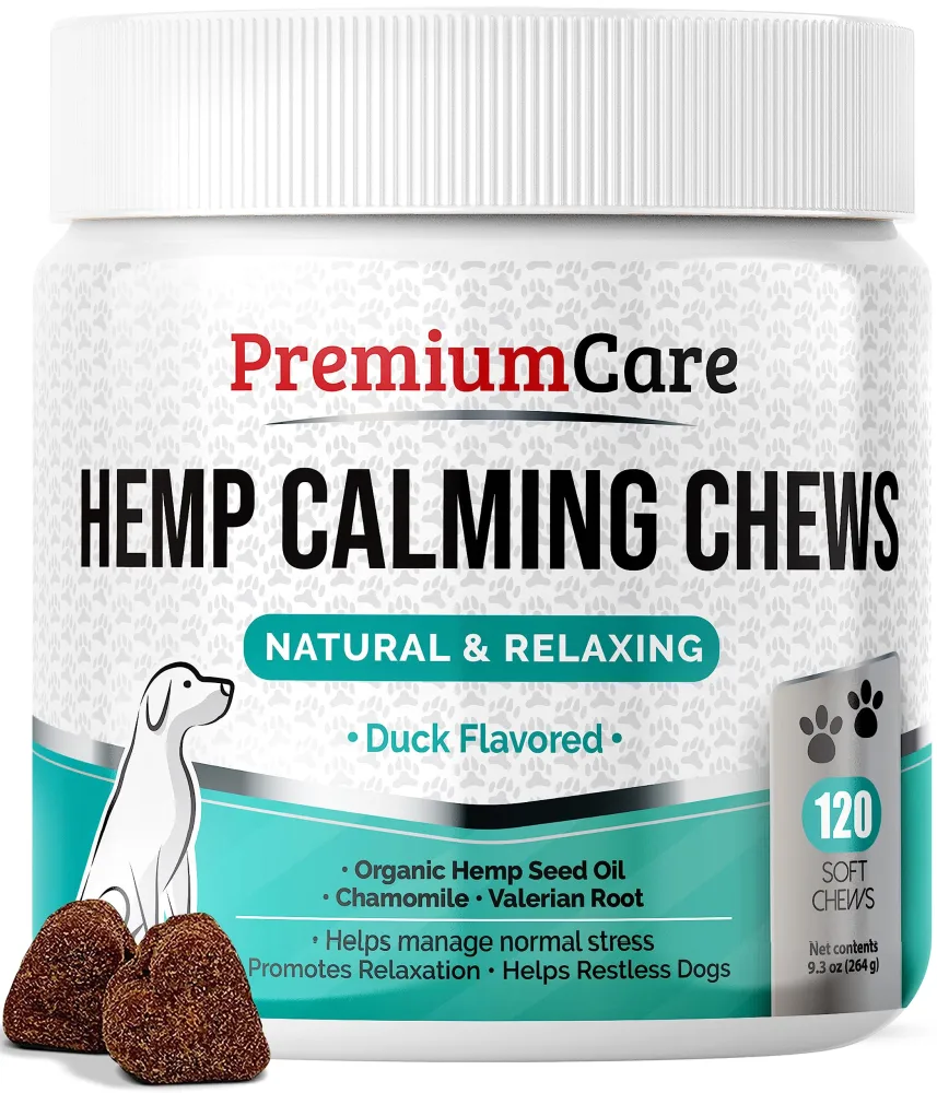 PREMIUM CARE Hemp Calming Chews for Dogs, 9.3 oz (264g), Duck Flavor, Calming Treats for Dogs, Dog Calming Chews, Dog Anxiety Chews, Anti Anxiety Relief, Valerian Root, L-Tryptophan, 120 Soft Chews