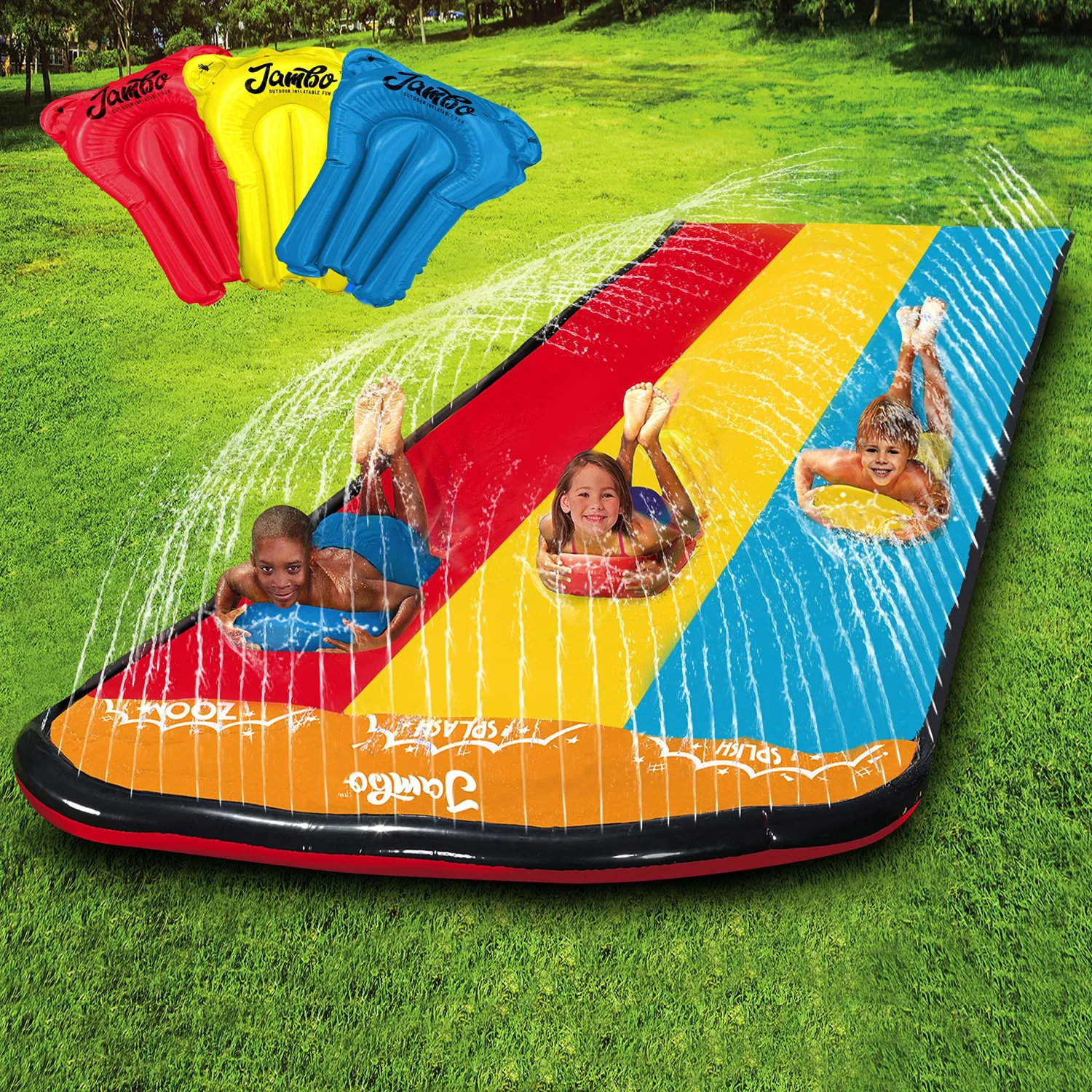 Jambo Premium Slip Splash and Slide with 3 Bodyboards, Heavy Duty Water Slide with Advanced 3-Way Water Sprinkler System, Backyard Waterslide Outdoor Water Toys n Slides for Kids…