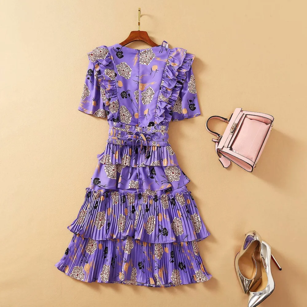 V-Neck Sleeveless Ruffled Heavy-Duty Pleated Print Medium Dress