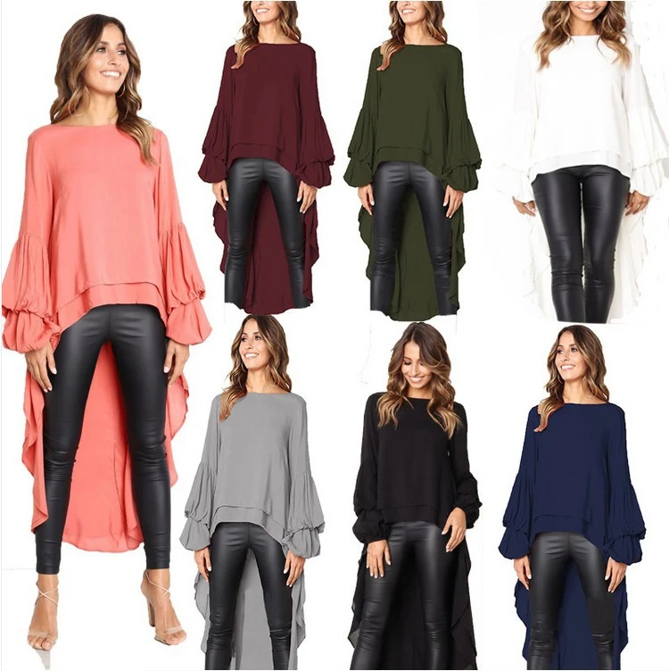 Round Neck Fashion Ruffled Long Sleeved Irregular Dress Women